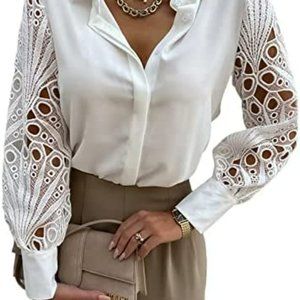 Elegant Hollow Out  Solid Color Blouse Collar Long Sleeve